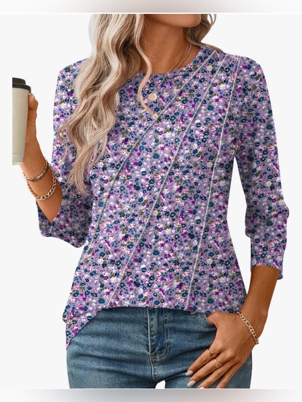 Women’s purple floral print Crewneck 3/4 sleeve Top